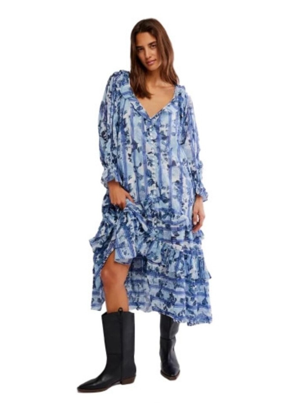 NWT Free People Garden Wonders Blue Floral Maxi Dress size Large